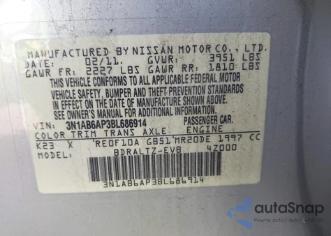 2011 Nissan Sentra 2.0Sr from USA, damaged, VIN 3N1AB6AP3BL686914